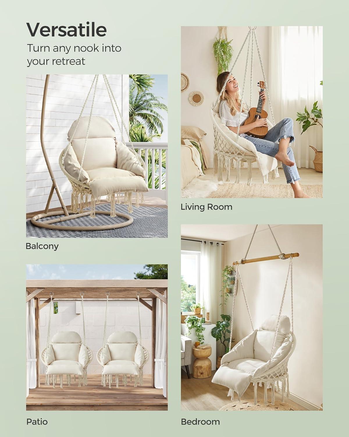 imageSONGMICS Hanging Chair Hammock Chair with Large Thick Cushion Boho Swing Chair for Bedroom Patio Balcony Garden Holds up to 264 lb Accessories Included Cream White UGDC042M01Cream White