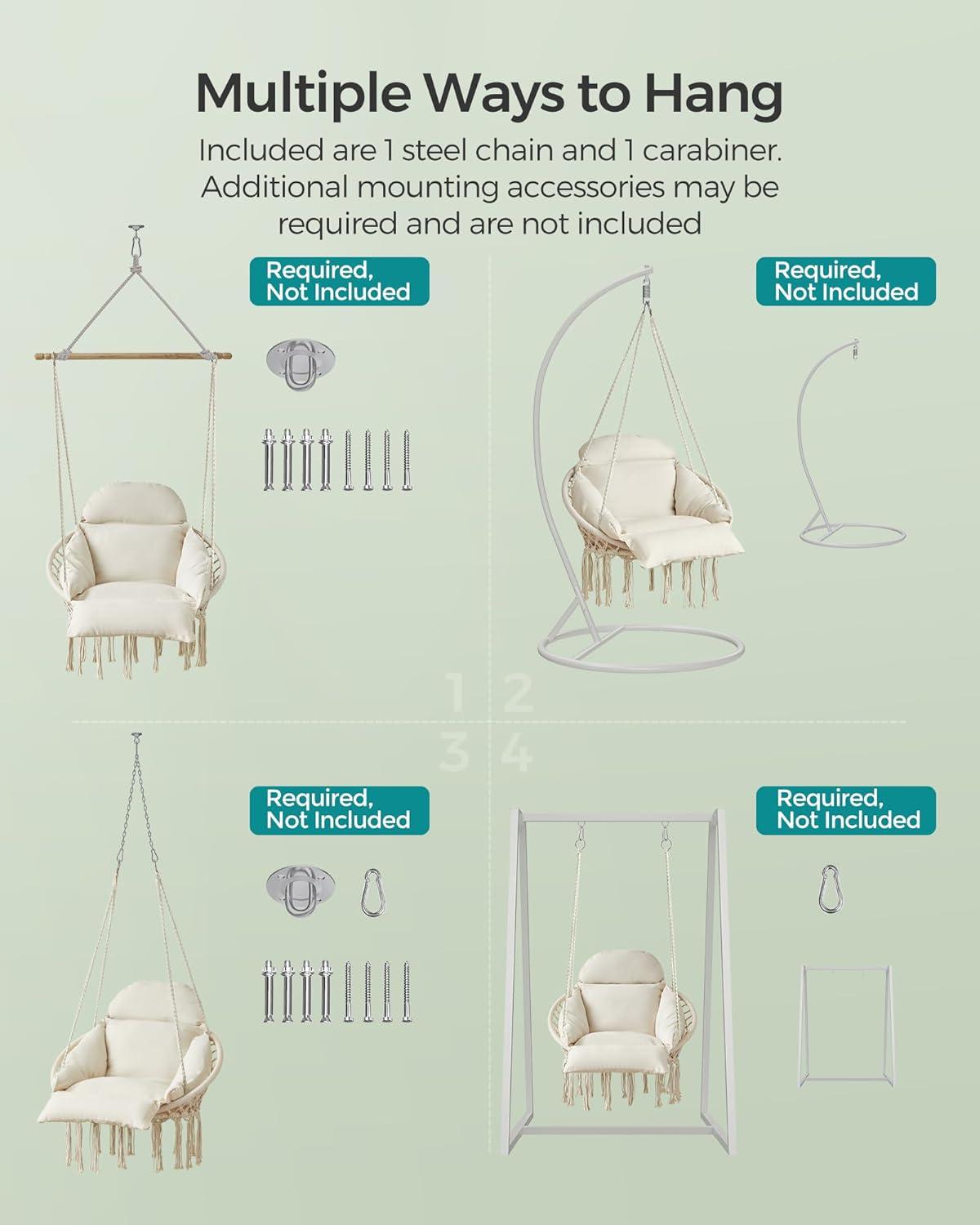 imageSONGMICS Hanging Chair Hammock Chair with Large Thick Cushion Boho Swing Chair for Bedroom Patio Balcony Garden Holds up to 264 lb Accessories Included Cream White UGDC042M01Cream White
