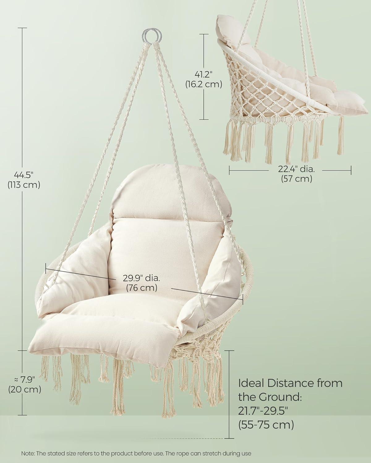 imageSONGMICS Hanging Chair Hammock Chair with Large Thick Cushion Boho Swing Chair for Bedroom Patio Balcony Garden Holds up to 264 lb Accessories Included Cream White UGDC042M01Cream White