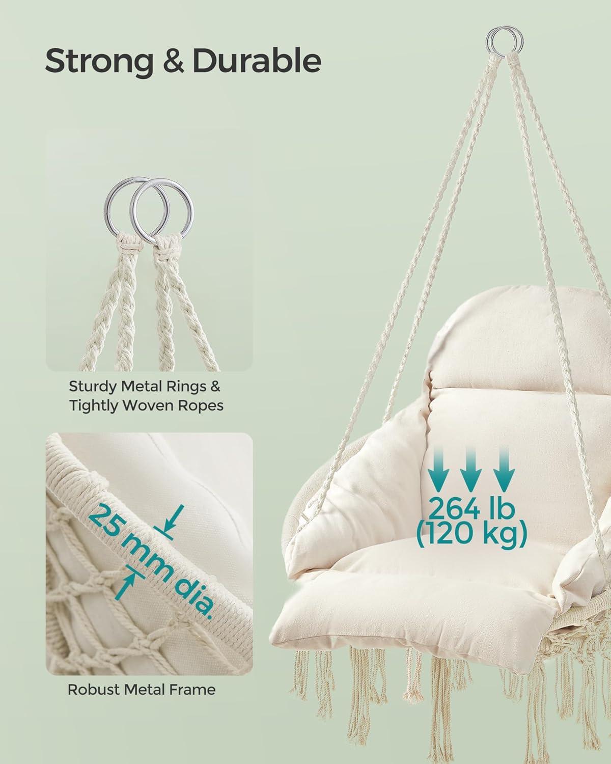 imageSONGMICS Hanging Chair Hammock Chair with Large Thick Cushion Boho Swing Chair for Bedroom Patio Balcony Garden Holds up to 264 lb Accessories Included Cream White UGDC042M01Cream White