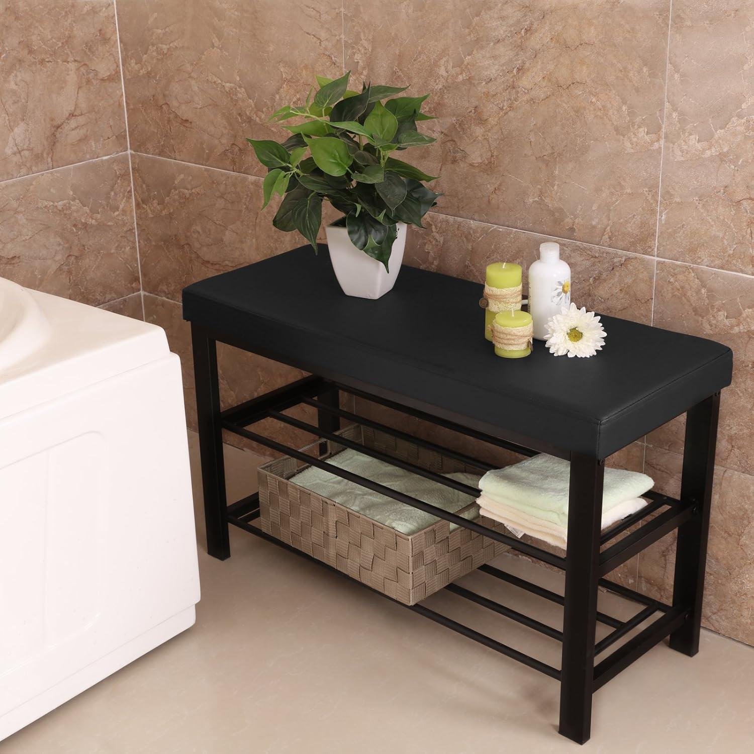imageSONGMICS Shoe Bench 3Tier Shoe Rack for Entryway Storage Organizer with Foam Padded Seat Faux Leather Metal Frame for Living Room Hallway 122 x 319 x 193 Inches Black ULBS58HBlack