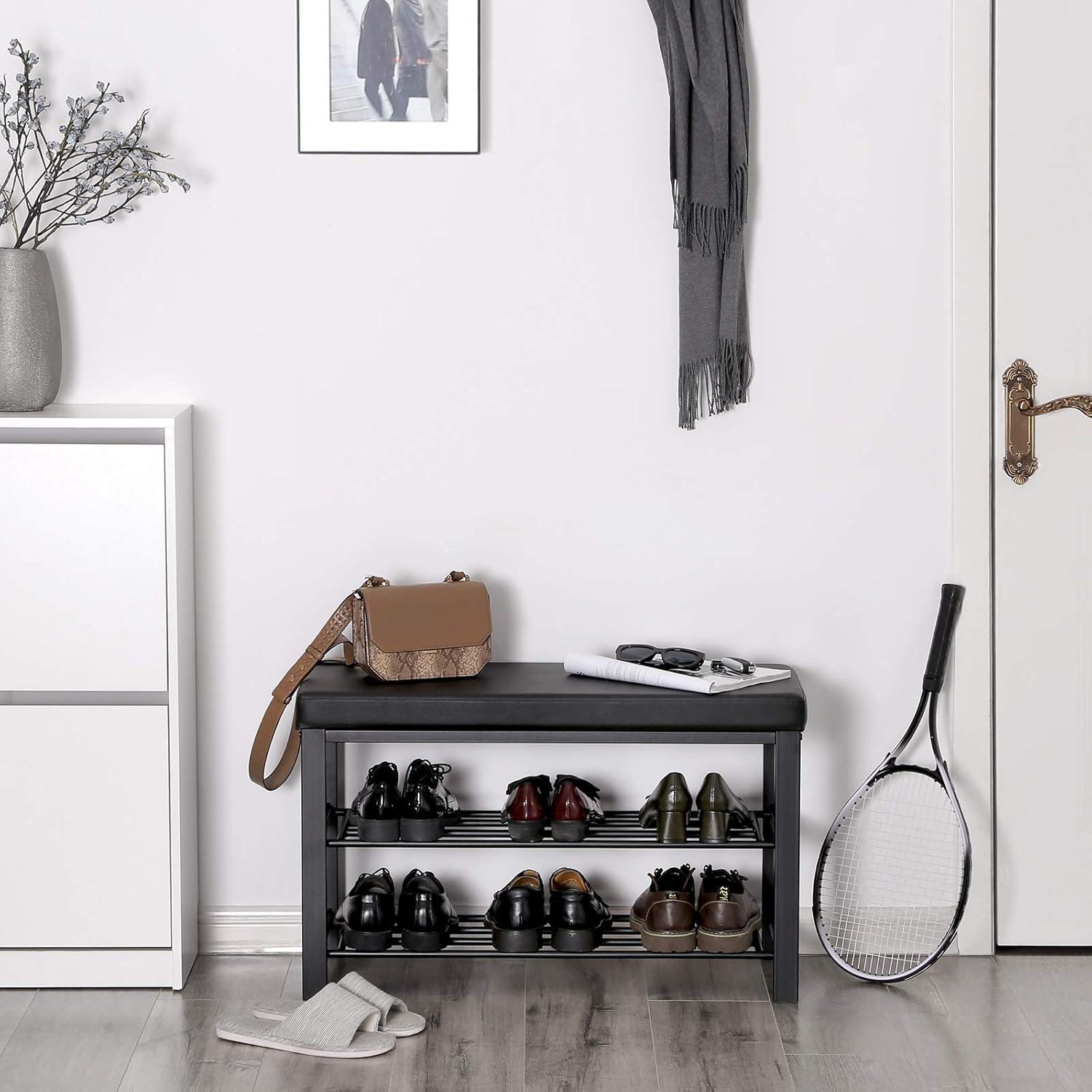 imageSONGMICS Shoe Bench 3Tier Shoe Rack for Entryway Storage Organizer with Foam Padded Seat Faux Leather Metal Frame for Living Room Hallway 122 x 319 x 193 Inches Black ULBS58HBlack