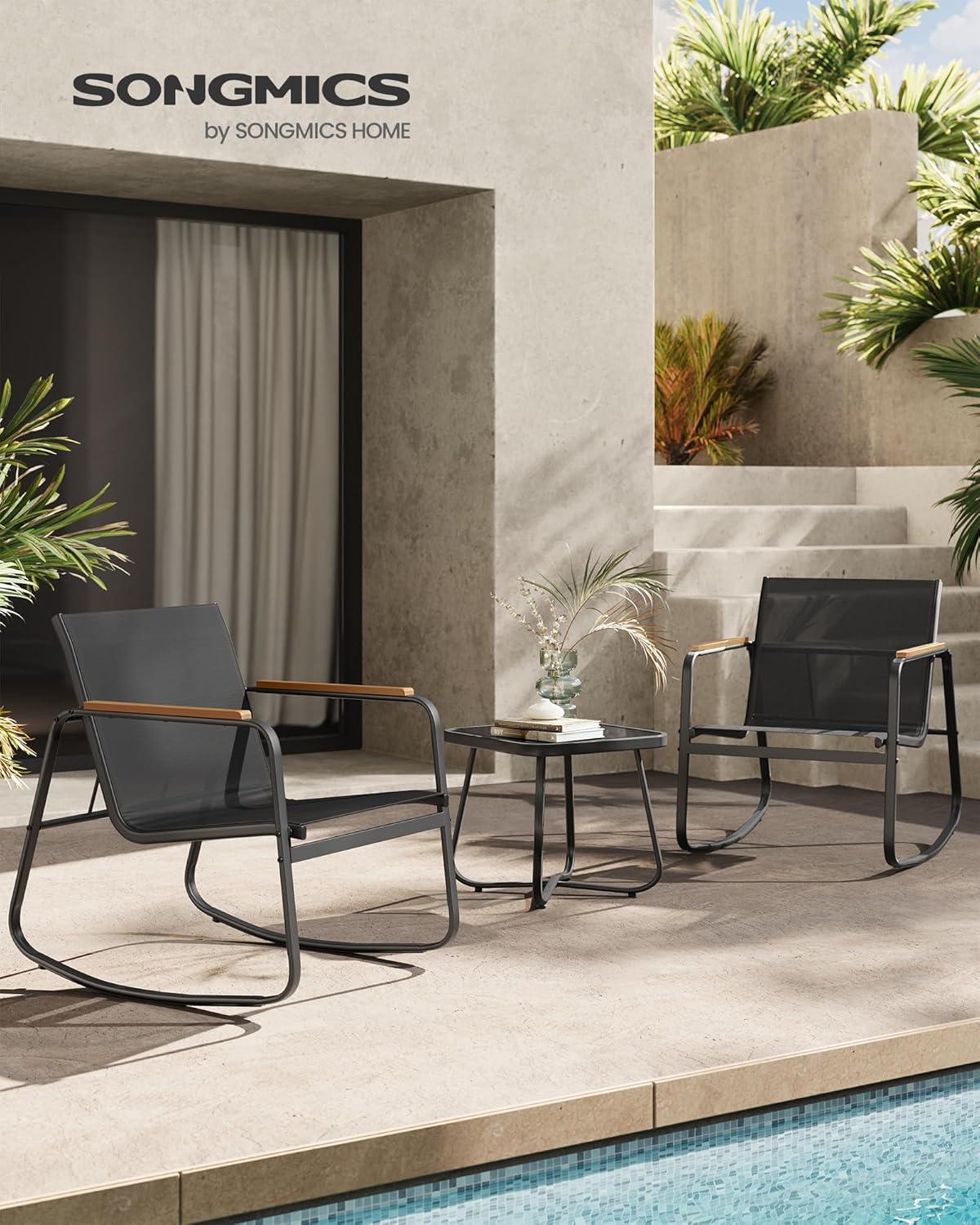imageSONGMICS 3Piece Patio Furniture Set Garden Coversation Set 2 Rocking Chairs Table Outdoor Lawn Backyard Steel with Armrests Breathable Synthetic Fabric Ink Black UGGF0027B01Ink Black