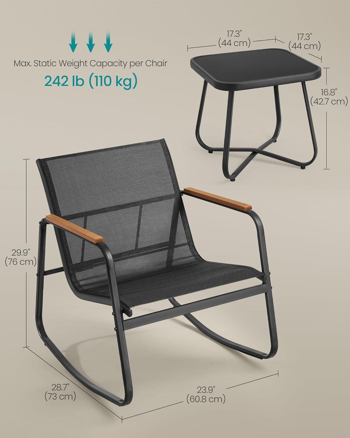imageSONGMICS 3Piece Patio Furniture Set Garden Coversation Set 2 Rocking Chairs Table Outdoor Lawn Backyard Steel with Armrests Breathable Synthetic Fabric Ink Black UGGF0027B01Ink Black