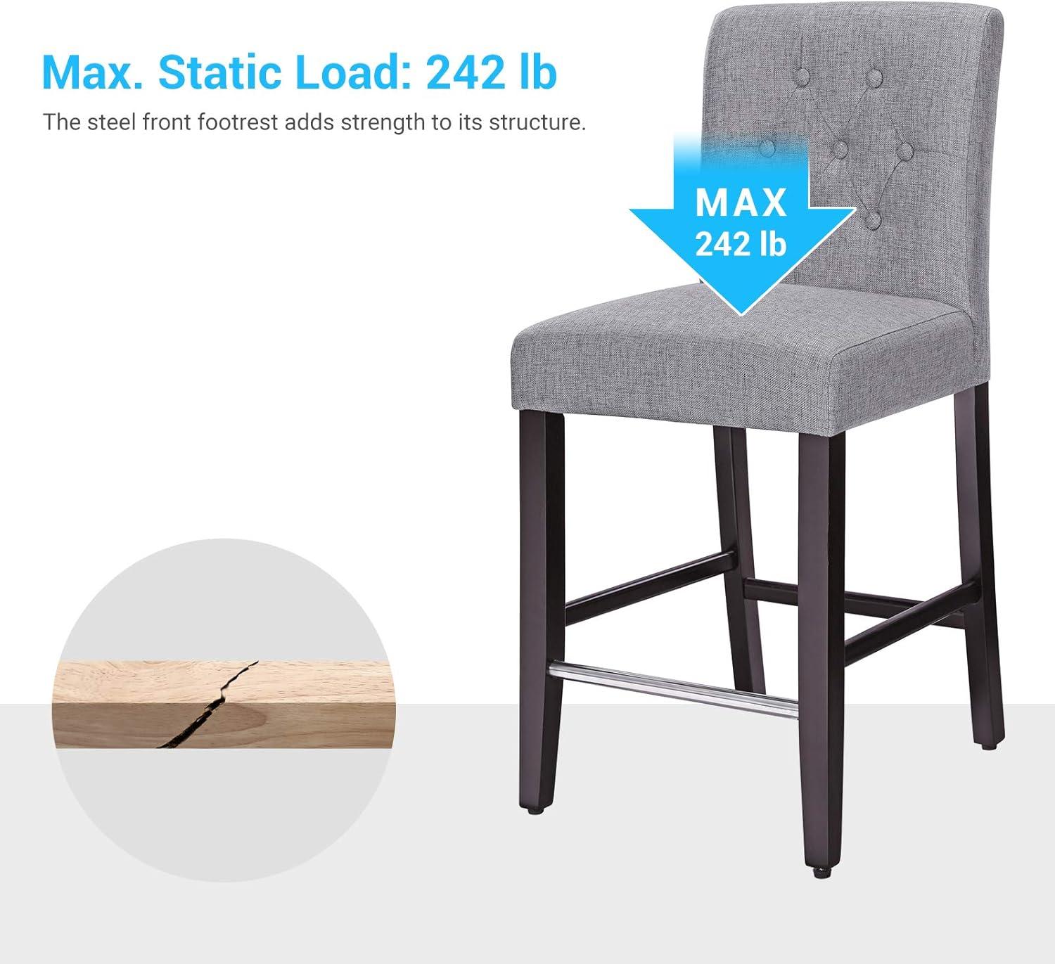 imageSONGMICS Set of 2 Counter Stools Kitchen Breakfast Chairs with Button Tufted Backrest LinenStyle Fabric Solid Wood Legs with Footrest Light Gray Seat height 24