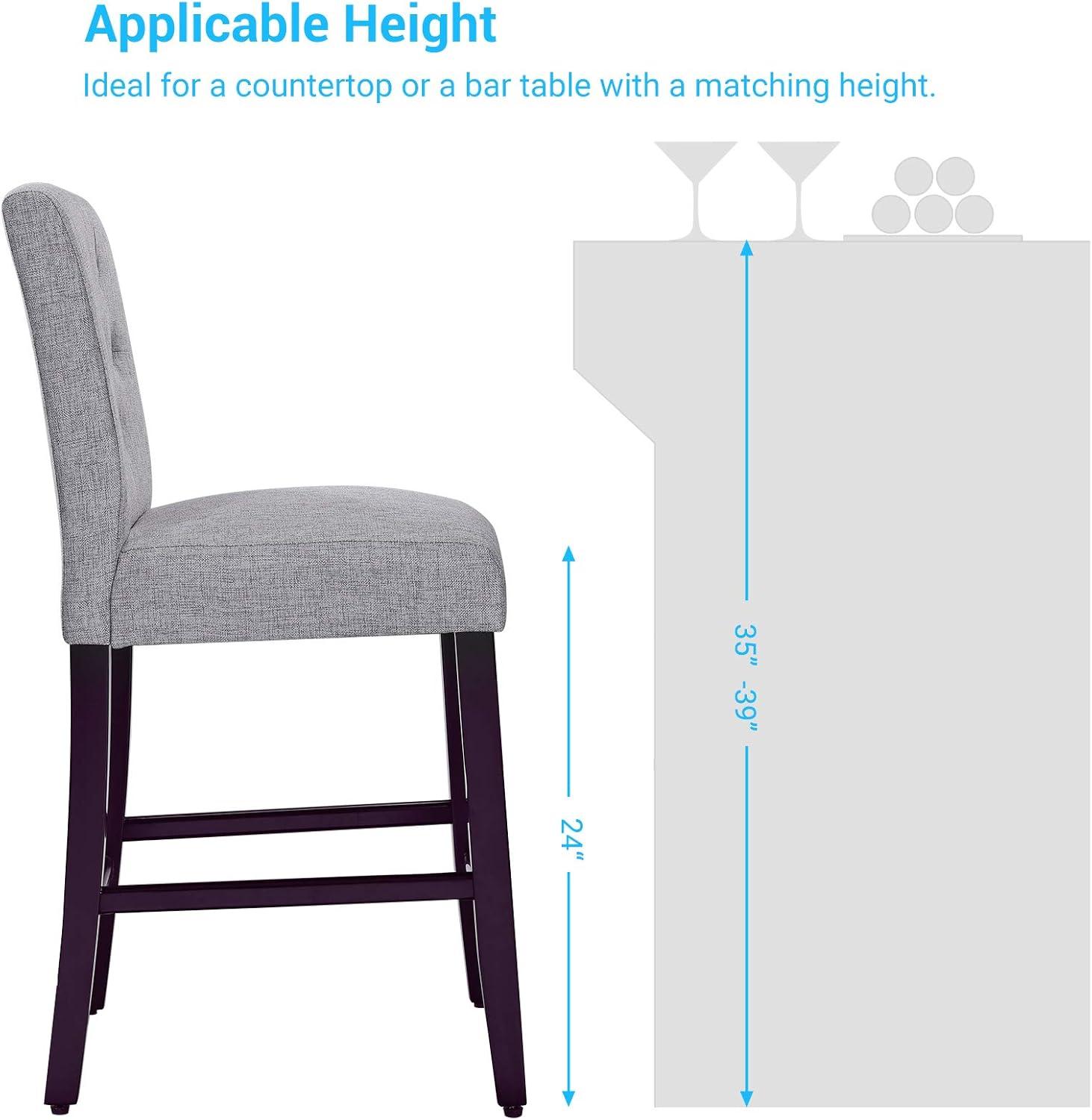 imageSONGMICS Set of 2 Counter Stools Kitchen Breakfast Chairs with Button Tufted Backrest LinenStyle Fabric Solid Wood Legs with Footrest Light Gray Seat height 24