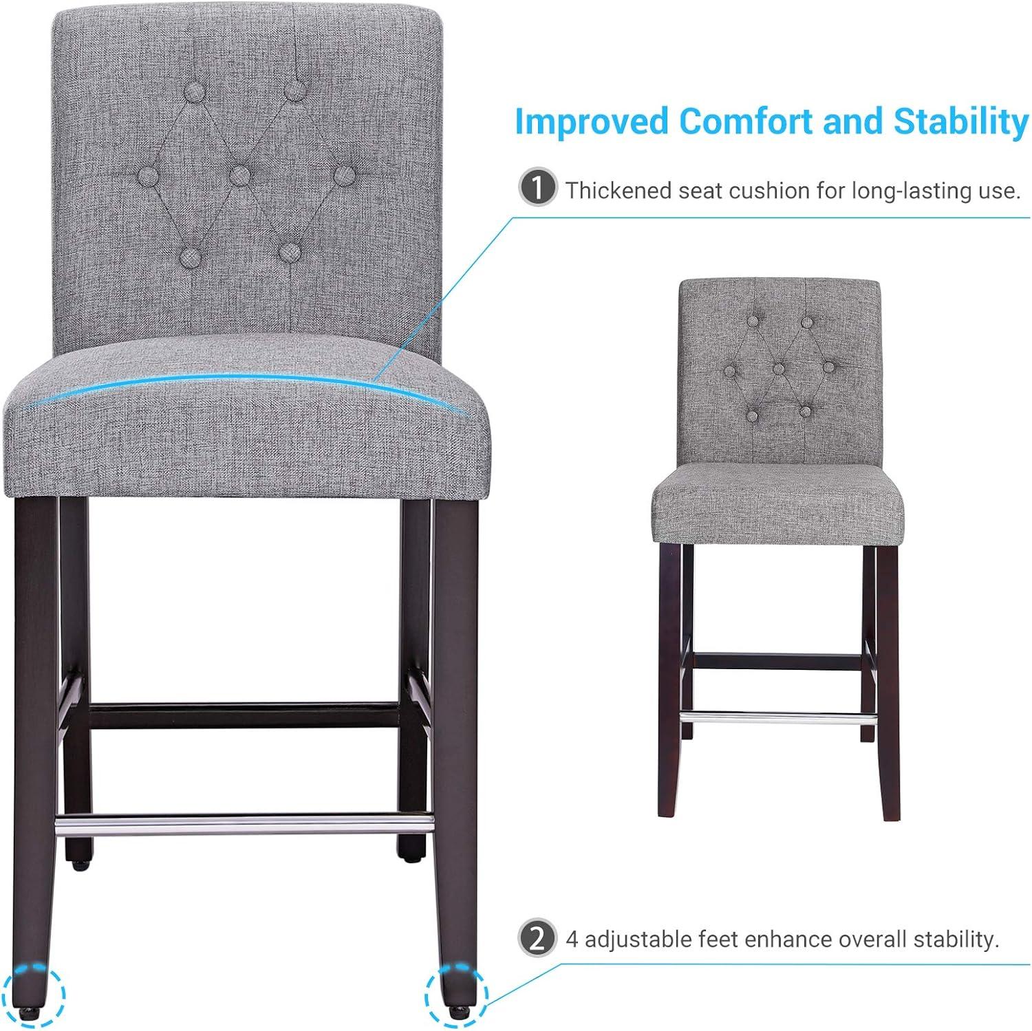 imageSONGMICS Set of 2 Counter Stools Kitchen Breakfast Chairs with Button Tufted Backrest LinenStyle Fabric Solid Wood Legs with Footrest Light Gray Seat height 24
