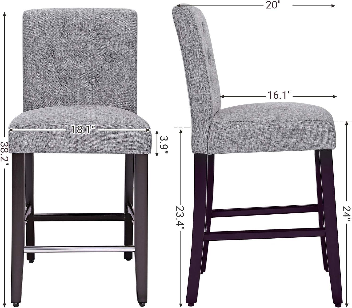 imageSONGMICS Set of 2 Counter Stools Kitchen Breakfast Chairs with Button Tufted Backrest LinenStyle Fabric Solid Wood Legs with Footrest Light Gray Seat height 24