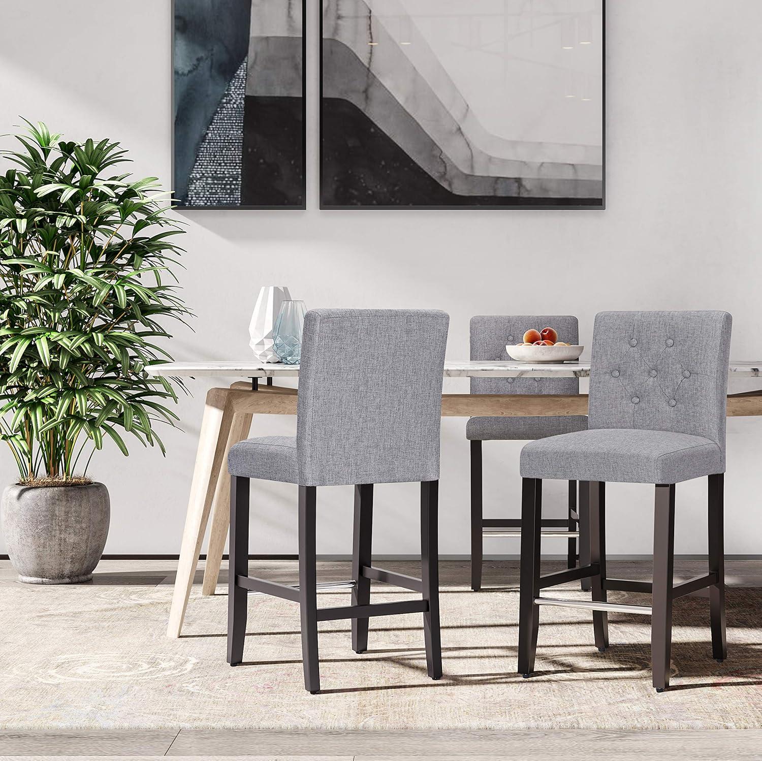imageSONGMICS Set of 2 Counter Stools Kitchen Breakfast Chairs with Button Tufted Backrest LinenStyle Fabric Solid Wood Legs with Footrest Light Gray Seat height 24