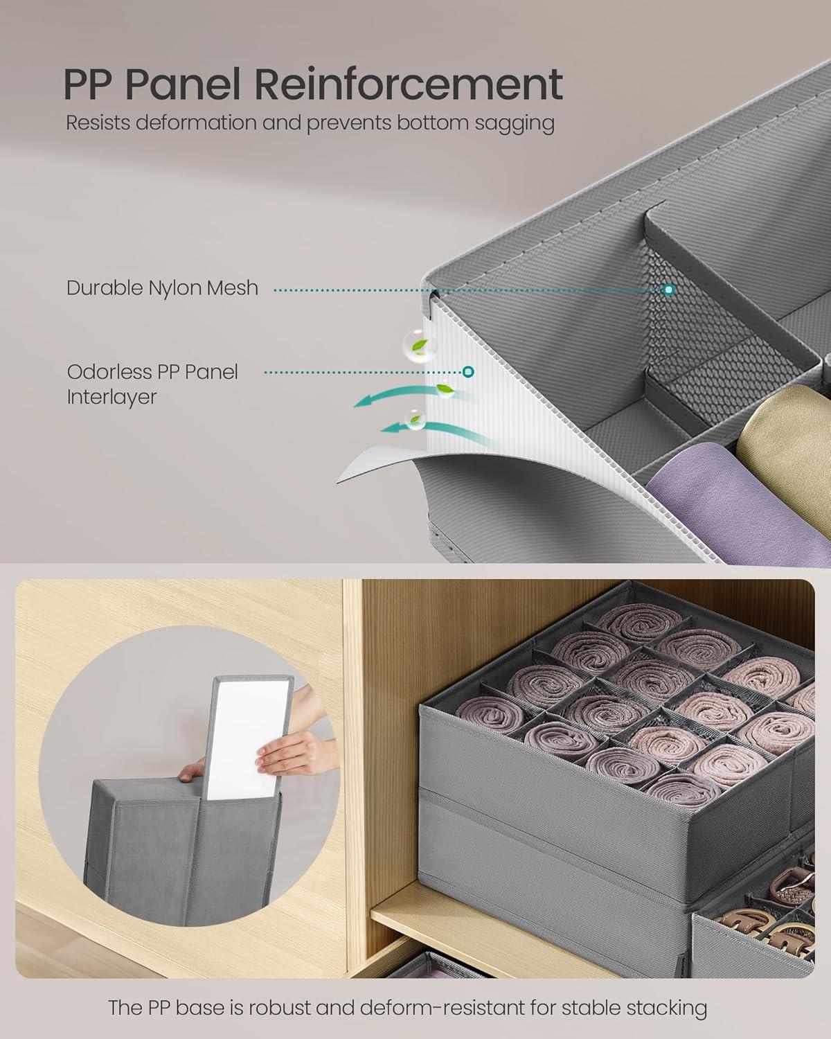 imageSONGMICS 6 Pack Drawer Organizers 120 Cells 3x163x24 Foldable Dividers 118 x 118 x 39 Inches for Socks Underwear Ties Belts Dove Gray URUS011G02Dove Gray