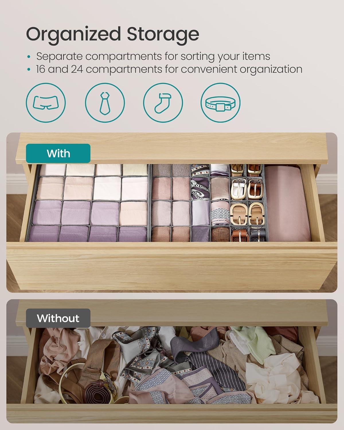 imageSONGMICS 6 Pack Drawer Organizers 120 Cells 3x163x24 Foldable Dividers 118 x 118 x 39 Inches for Socks Underwear Ties Belts Dove Gray URUS011G02Dove Gray