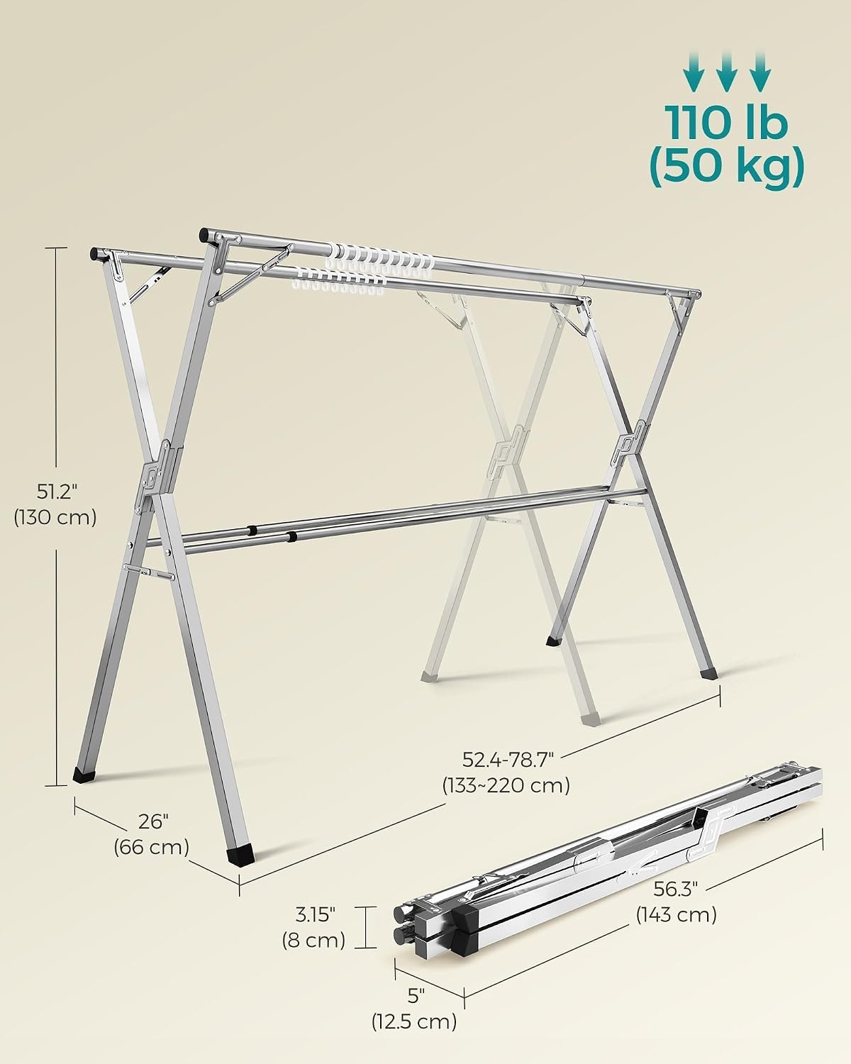 image:imageSONGMICS Clothes Drying Rack HeavyDuty 524791 Inches Extendable524787W