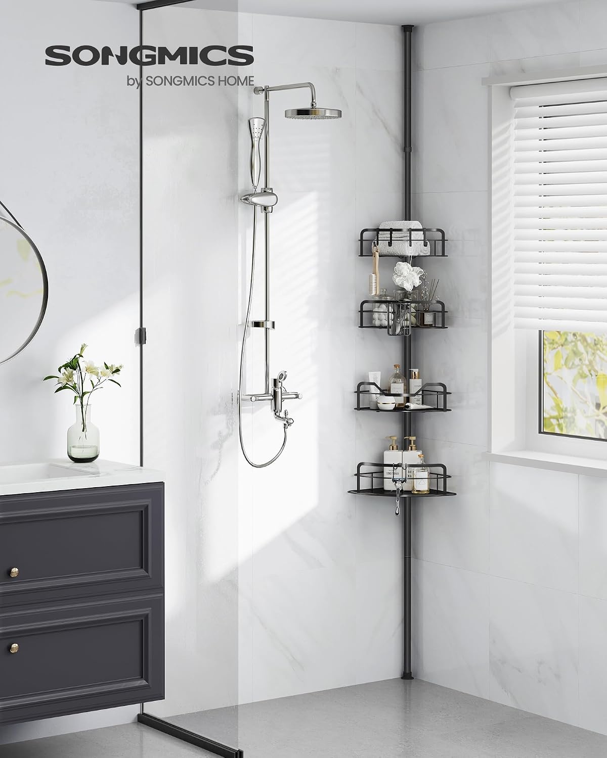 image:imageSONGMICS 4Tier Corner Shower Caddy Tension Pole for BathroomInk Black