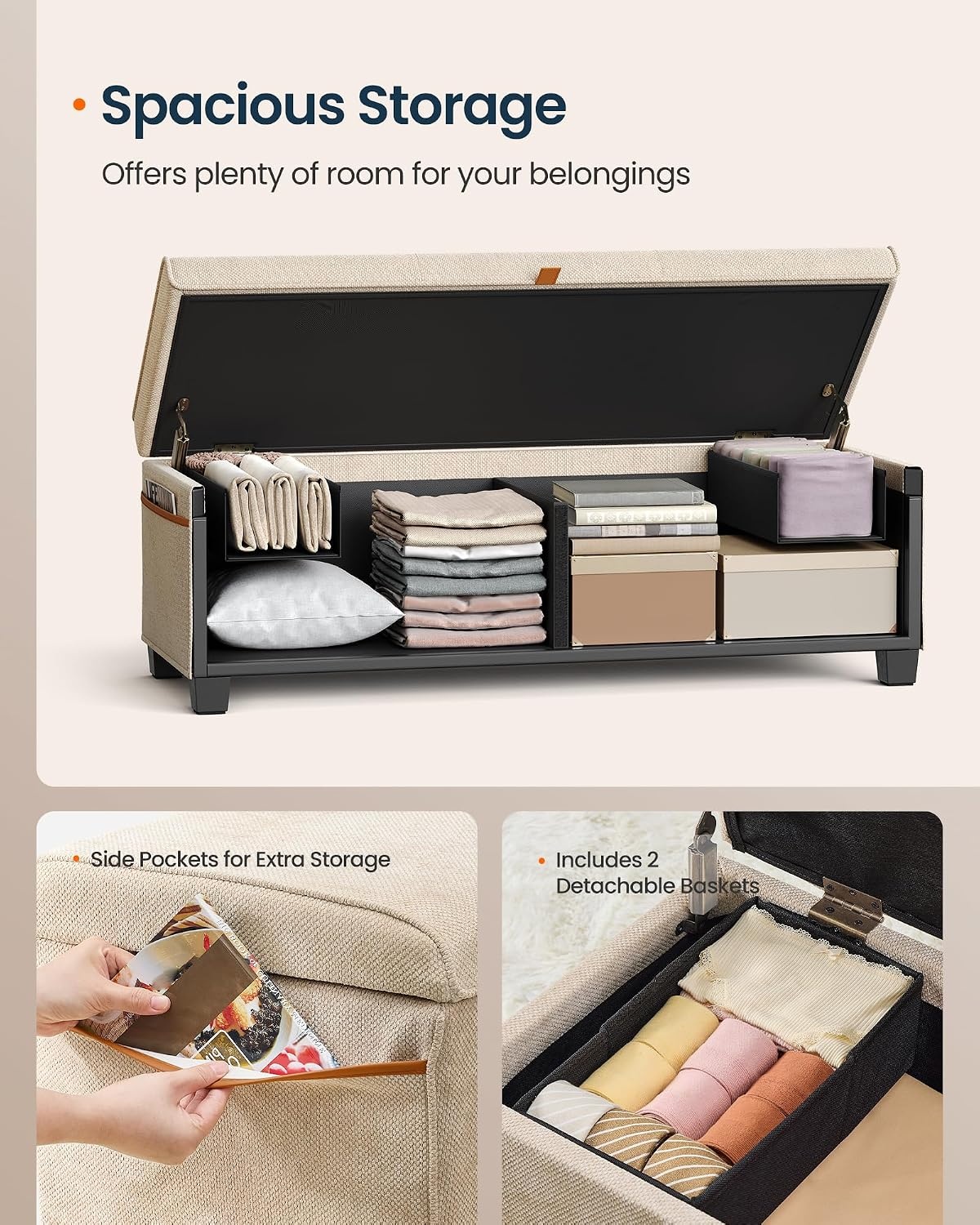 image:imageSONGMICS HOME Foldable Foot Rest Stool Storage Ottoman Tufted Design PU Leather for Entryway Living Room 302 Inches BrownBeige
