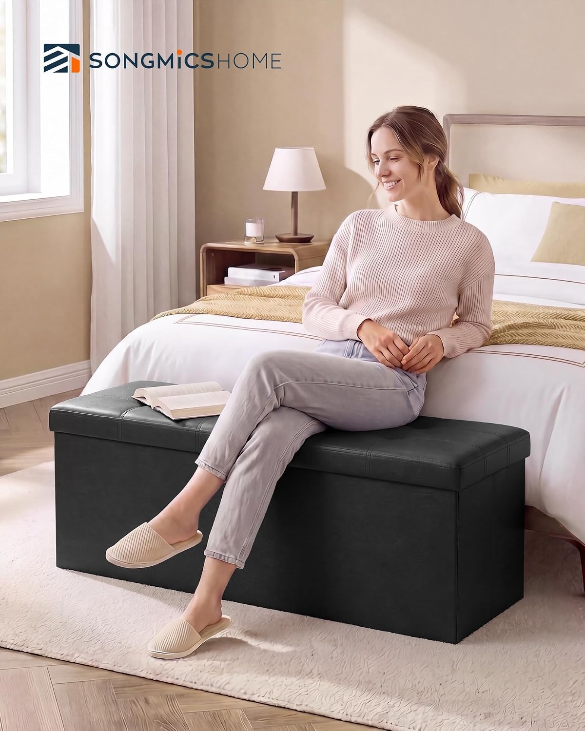 image:imageSONGMICS HOME Foldable Foot Rest Stool Storage Ottoman Tufted Design PU Leather for Entryway Living Room 302 Inches BrownBlack