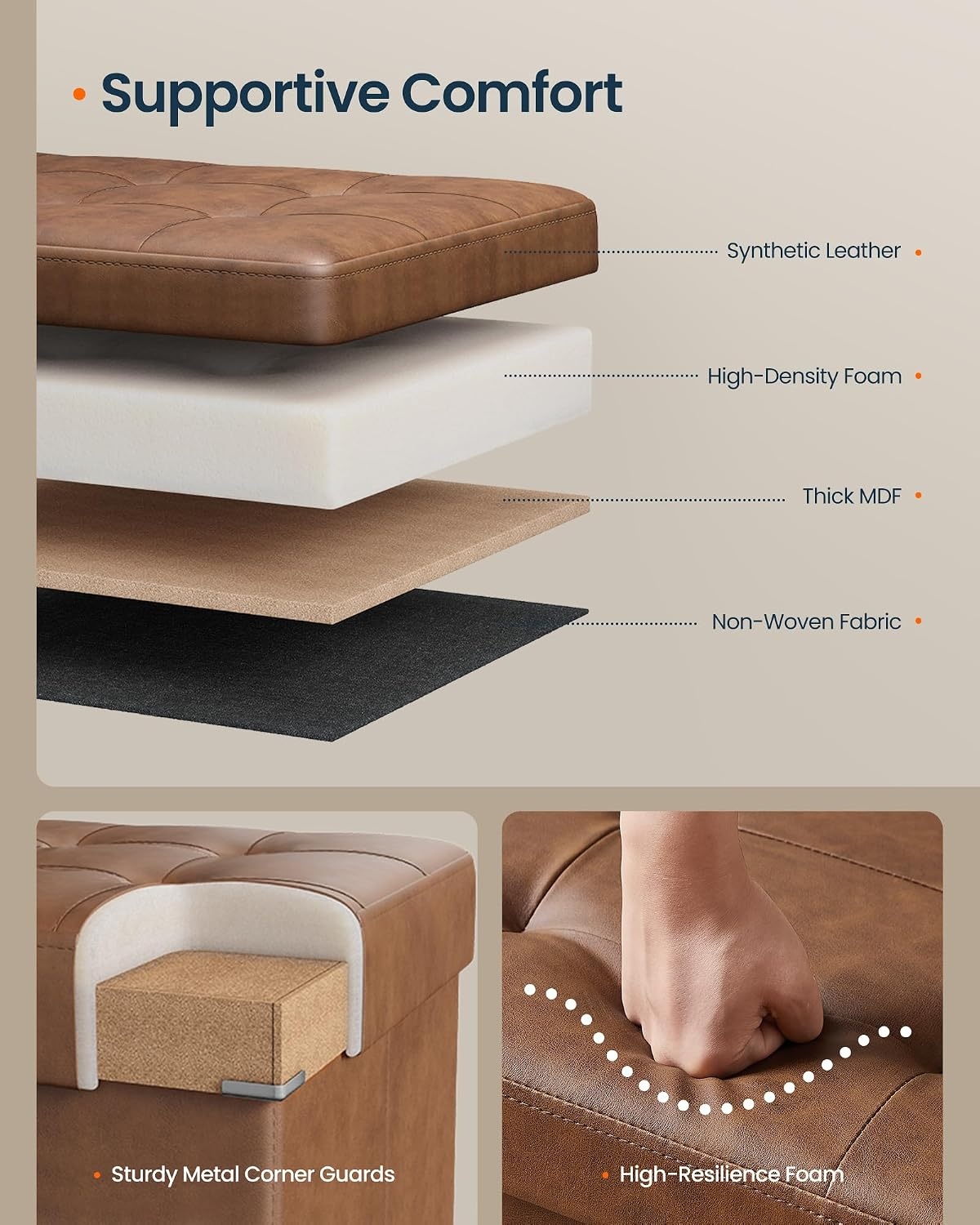 image:imageSONGMICS HOME Foldable Foot Rest Stool Storage Ottoman Tufted Design PU Leather for Entryway Living Room 302 Inches BrownBrown