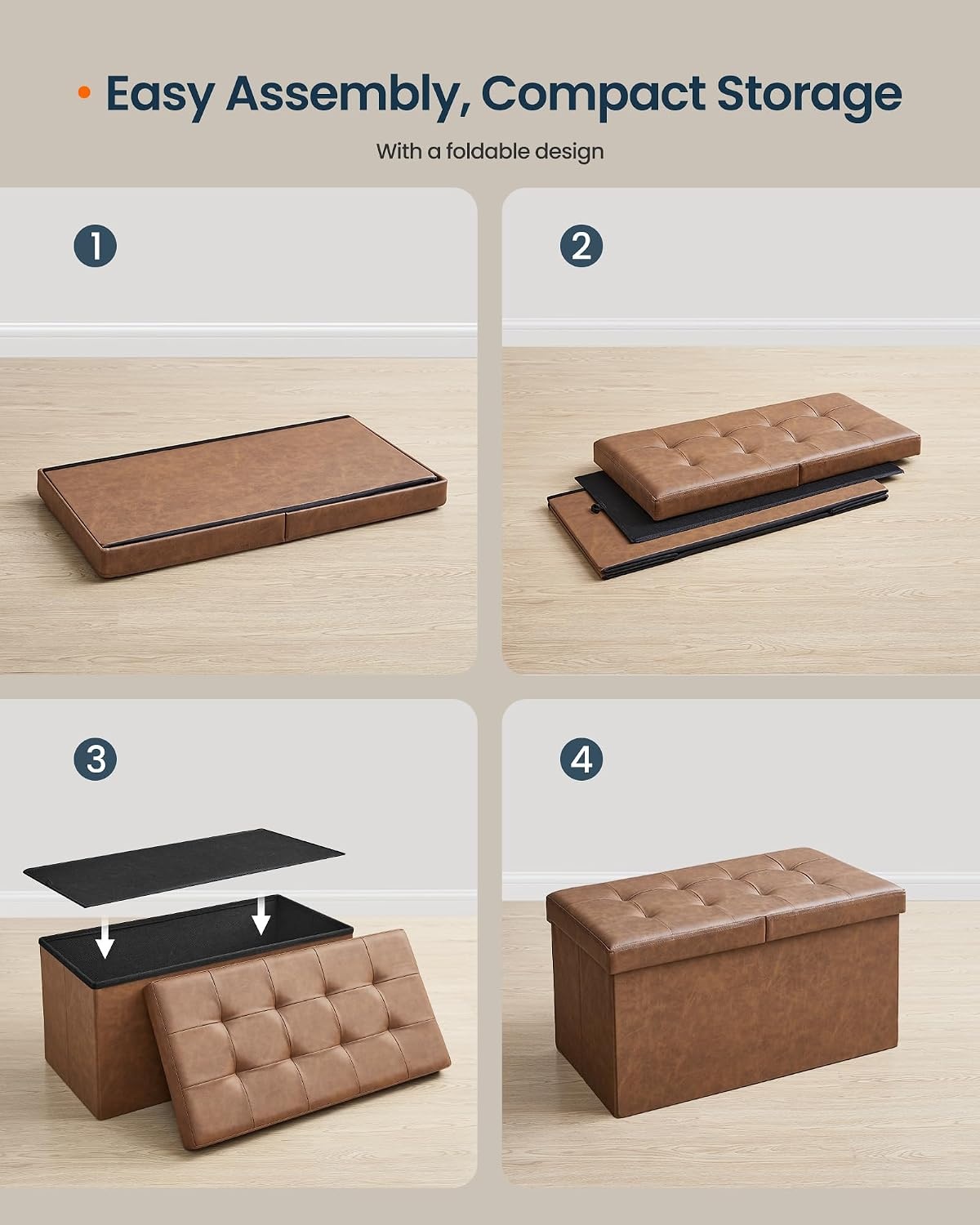 image:imageSONGMICS HOME Foldable Foot Rest Stool Storage Ottoman Tufted Design PU Leather for Entryway Living Room 302 Inches BrownBrown