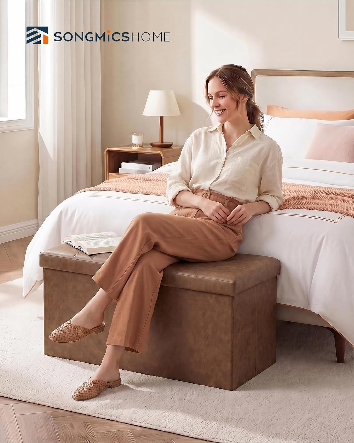 image:imageSONGMICS HOME Foldable Foot Rest Stool Storage Ottoman Tufted Design PU Leather for Entryway Living Room 302 Inches BrownBrown