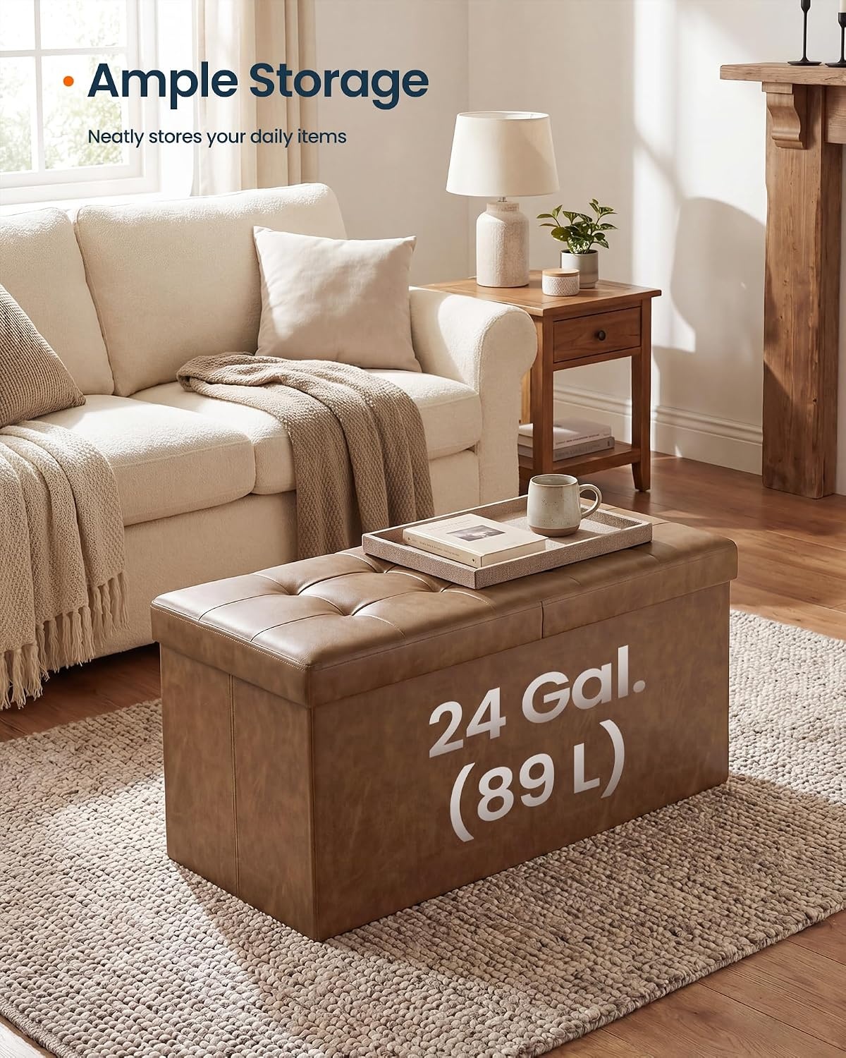 image:imageSONGMICS HOME Foldable Foot Rest Stool Storage Ottoman Tufted Design PU Leather for Entryway Living Room 302 Inches BrownBrown