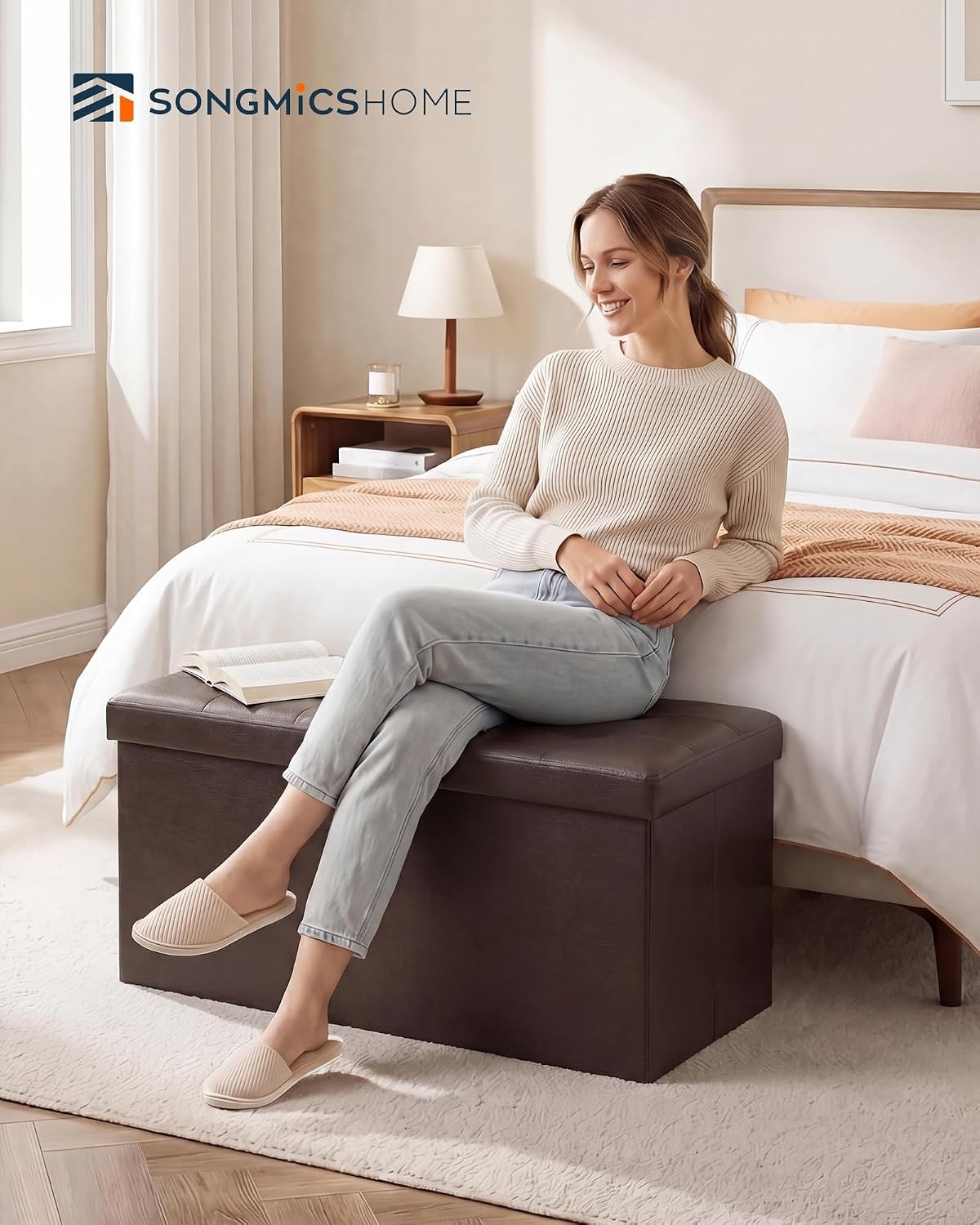 image:imageSONGMICS HOME Foldable Foot Rest Stool Storage Ottoman Tufted Design PU Leather for Entryway Living Room 302 Inches BrownDark Brown