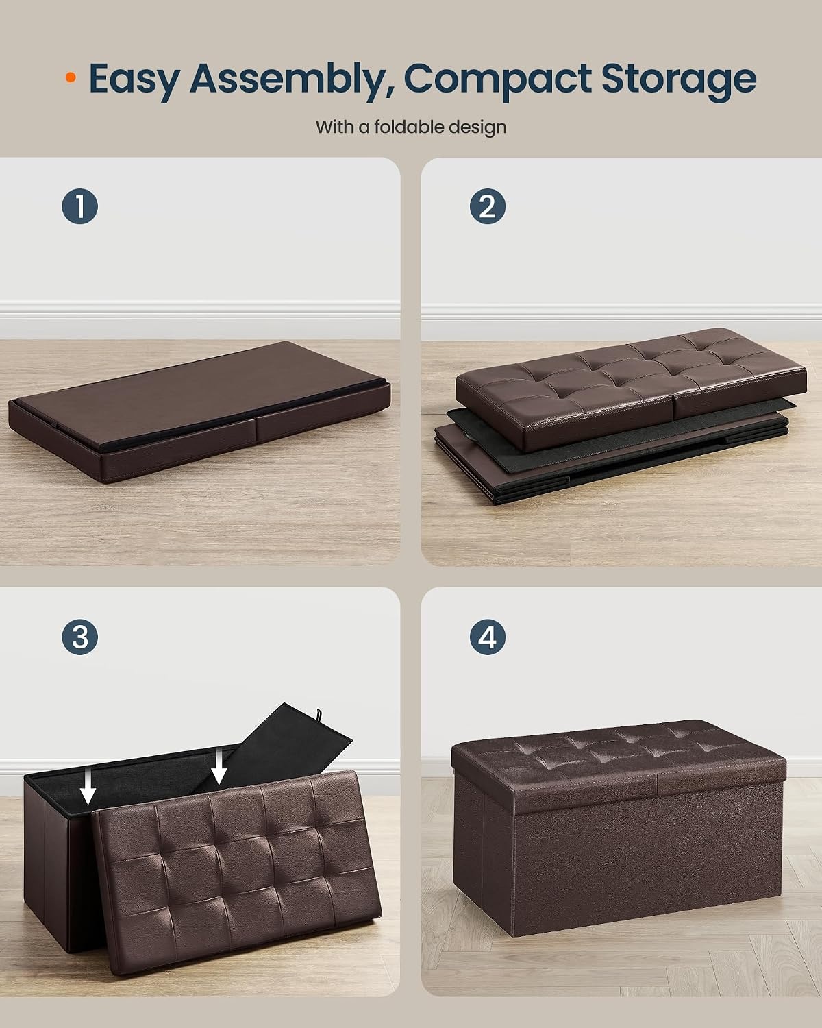 image:imageSONGMICS HOME Foldable Foot Rest Stool Storage Ottoman Tufted Design PU Leather for Entryway Living Room 302 Inches BrownDark Brown