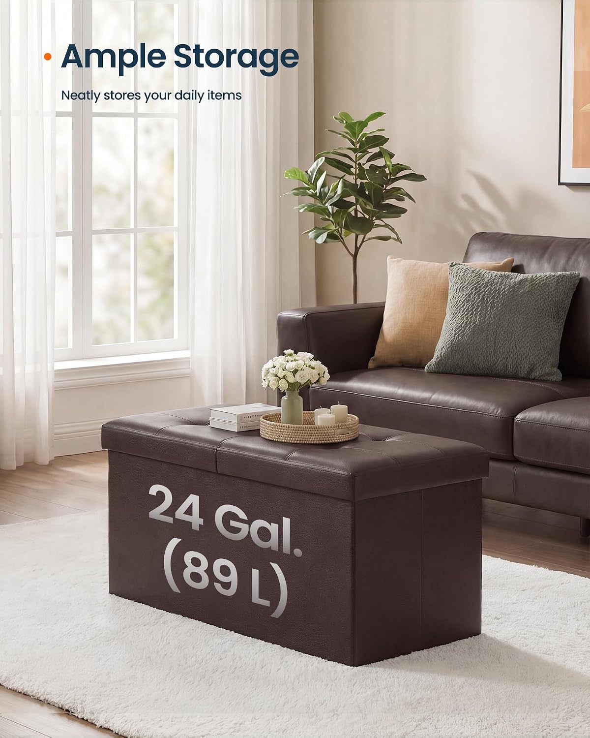 image:imageSONGMICS HOME Foldable Foot Rest Stool Storage Ottoman Tufted Design PU Leather for Entryway Living Room 302 Inches BrownDark Brown
