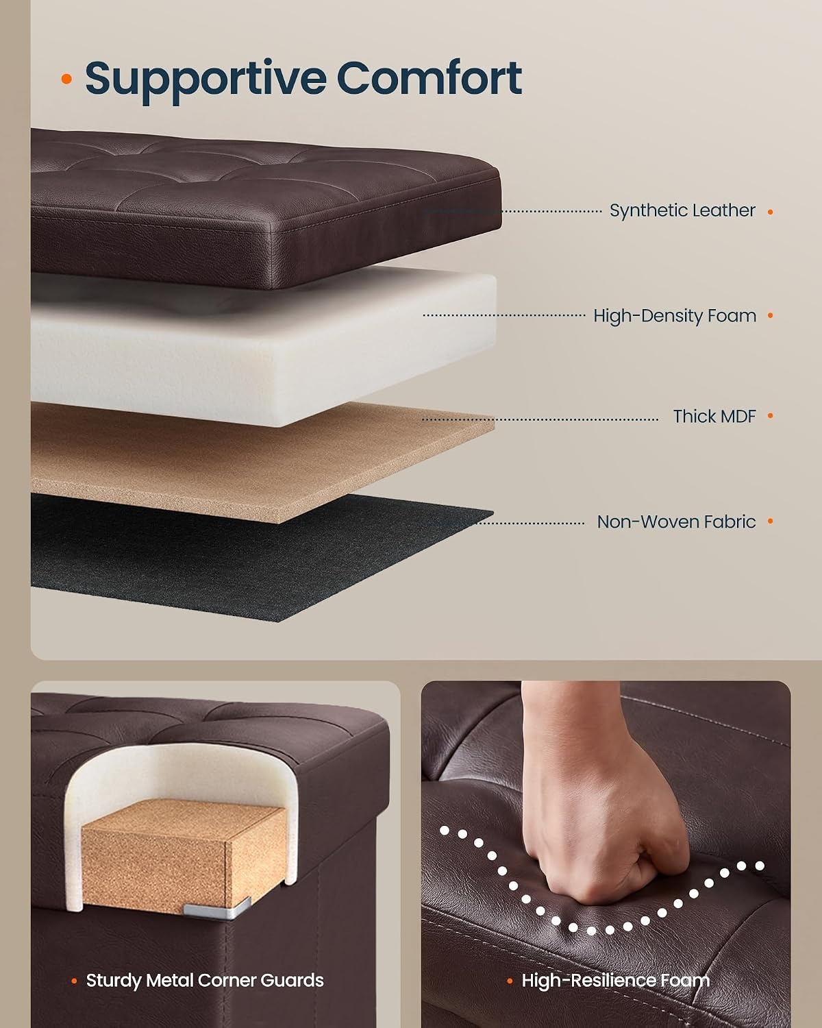 image:imageSONGMICS HOME Foldable Foot Rest Stool Storage Ottoman Tufted Design PU Leather for Entryway Living Room 302 Inches BrownDark Brown
