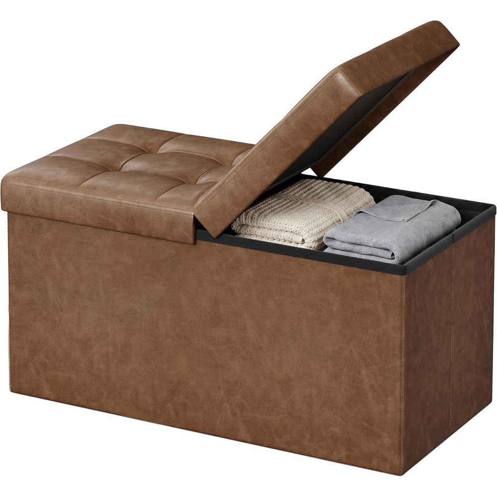 image:imageSONGMICS HOME Foldable Foot Rest Stool Storage Ottoman Tufted Design PU Leather for Entryway Living Room 302 Inches BrownBrown