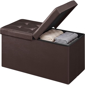 SONGMICS HOME Foldable Foot Rest Stool, Storage Ottoman, Tufted Design, PU Leather, for Entryway, Living Room, 30.2 Inches, Brown(Dark Brown)