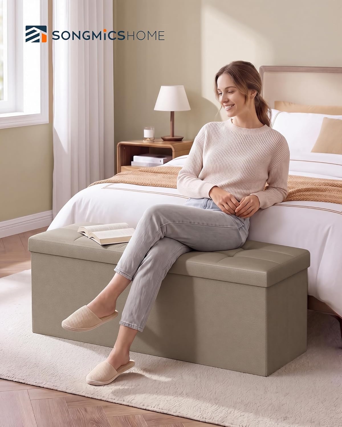 image:imageSONGMICS HOME Foldable Foot Rest Stool Storage Ottoman Tufted Design PU Leather for Entryway Living Room 302 Inches BrownKhaki