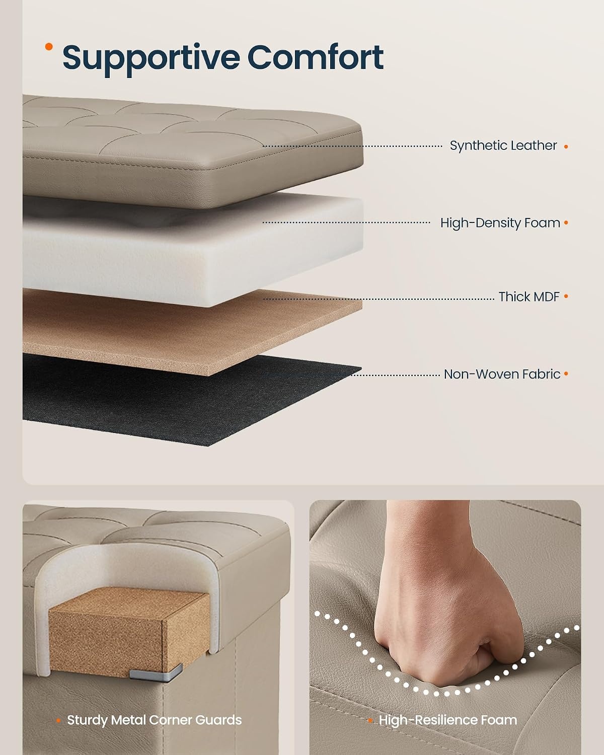 image:imageSONGMICS HOME Foldable Foot Rest Stool Storage Ottoman Tufted Design PU Leather for Entryway Living Room 302 Inches BrownKhaki