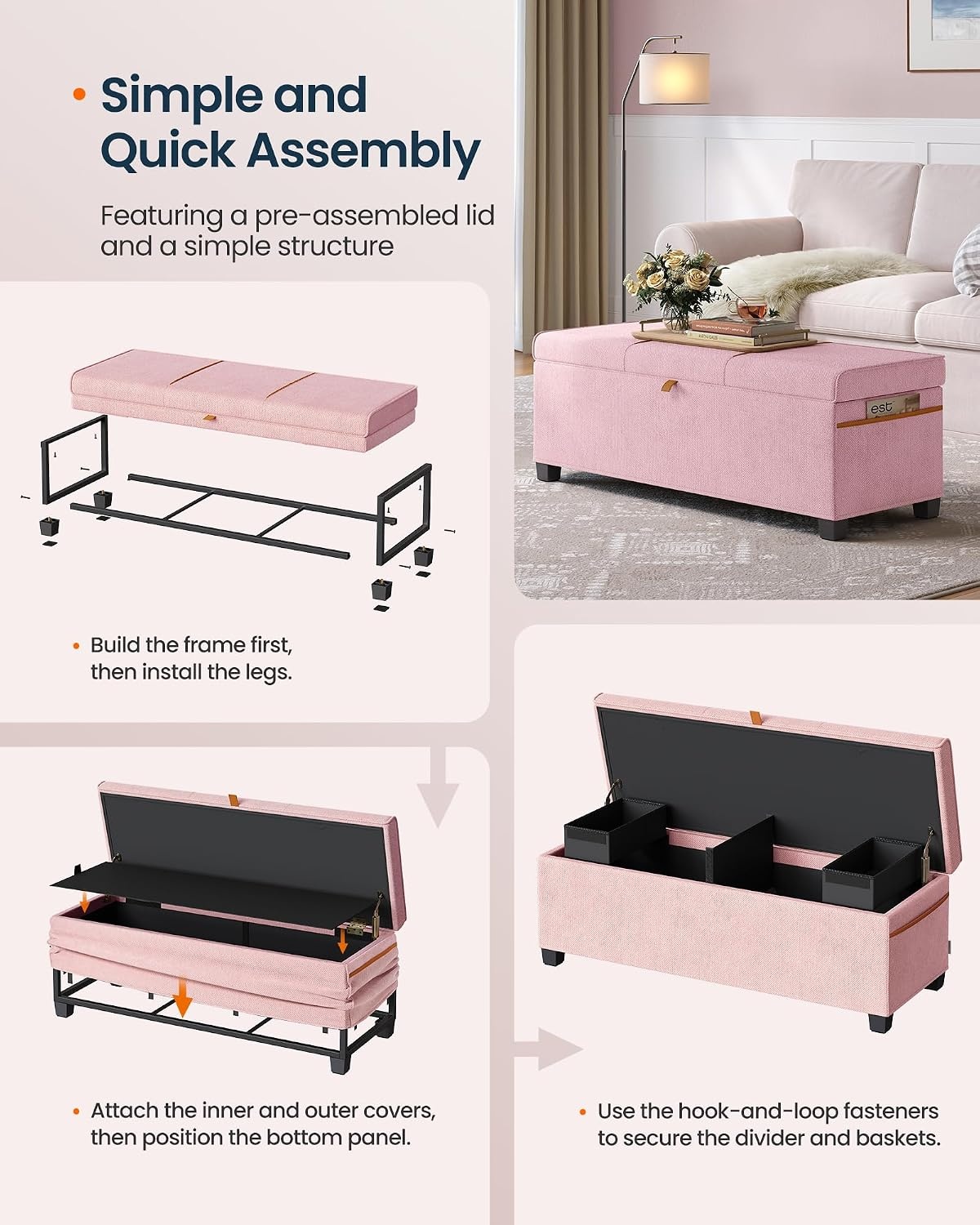 image:imageSONGMICS HOME Foldable Foot Rest Stool Storage Ottoman Tufted Design PU Leather for Entryway Living Room 302 Inches BrownPink