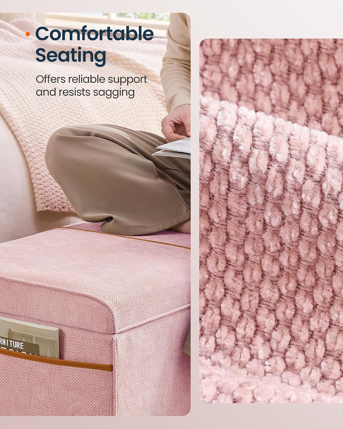 image:imageSONGMICS HOME Foldable Foot Rest Stool Storage Ottoman Tufted Design PU Leather for Entryway Living Room 302 Inches BrownPink