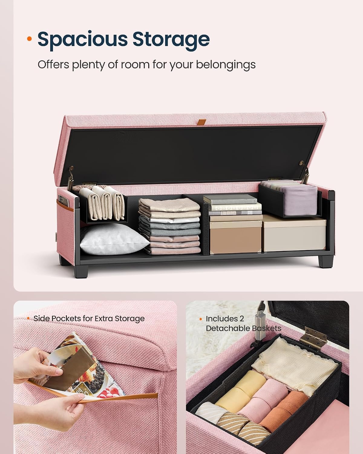 image:imageSONGMICS HOME Foldable Foot Rest Stool Storage Ottoman Tufted Design PU Leather for Entryway Living Room 302 Inches BrownPink