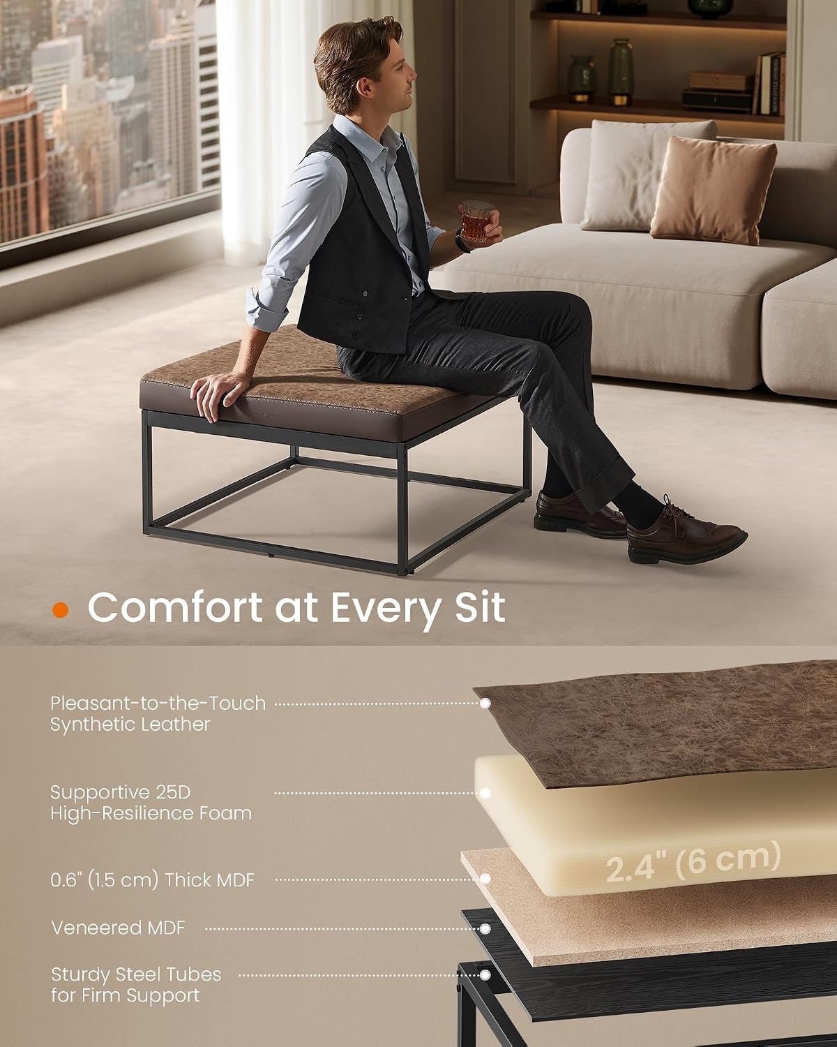 image:imageSONGMICS HOME Foldable Foot Rest Stool Storage Ottoman Tufted Design PU Leather for Entryway Living Room 302 Inches BrownWalnut Brown
