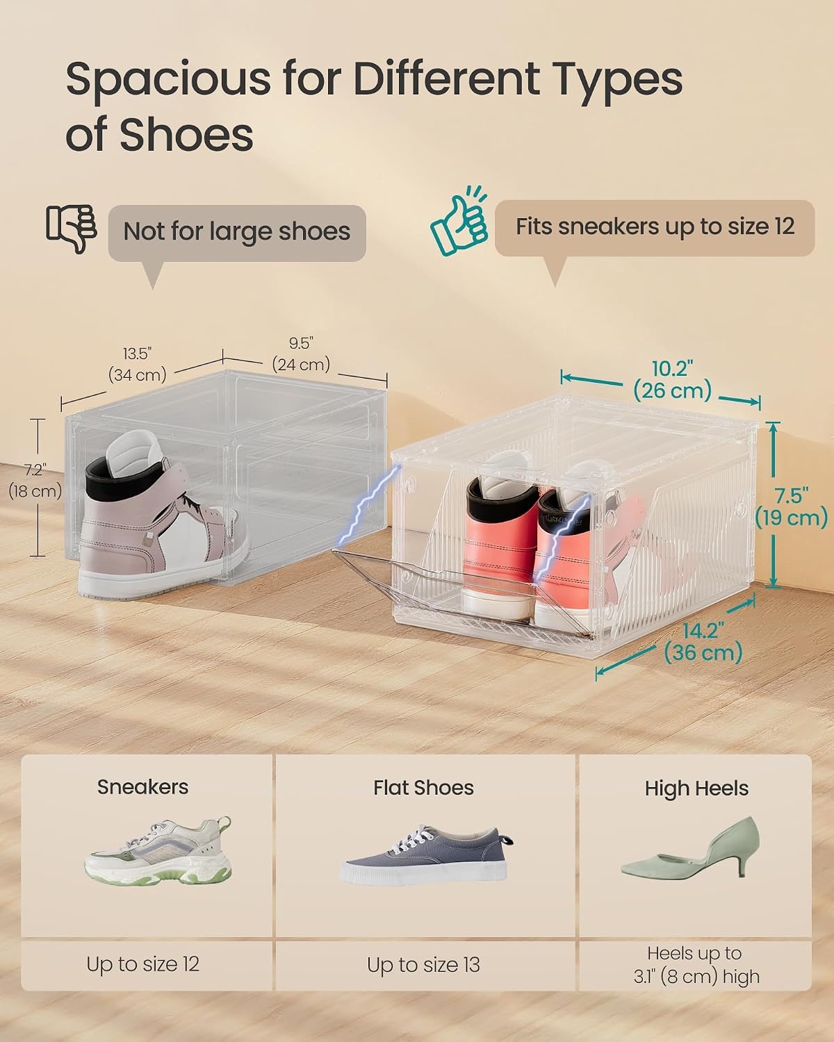 image:imageSONGMICS Shoe Boxes with Magnetic Doors Set of 6 Fit up to US Size 12Cloud White