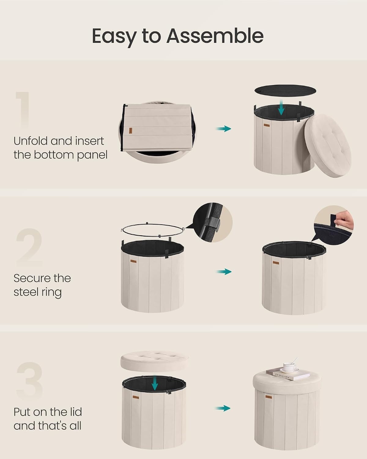 image:imageSONGMICS Storage Ottoman Round PU Vanity Stool 185 x 185 x 177 InchCappuccino White