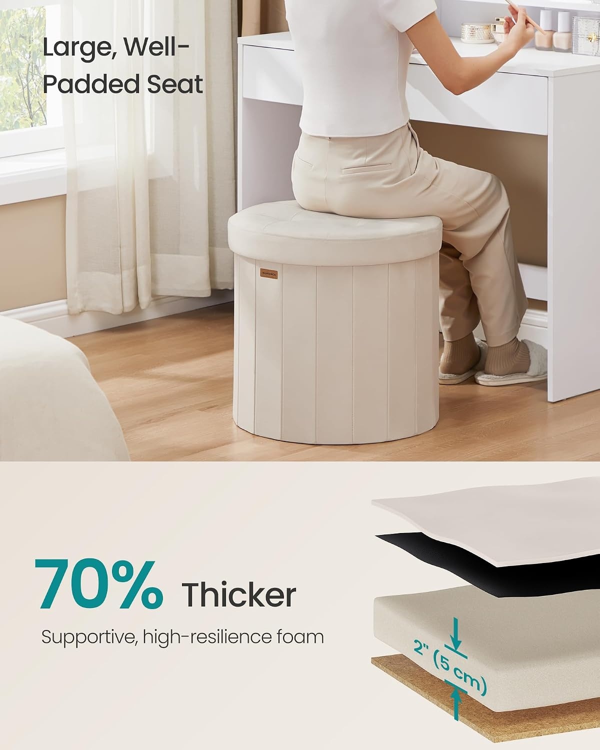 image:imageSONGMICS Storage Ottoman Round PU Vanity Stool 185 x 185 x 177 InchCappuccino White