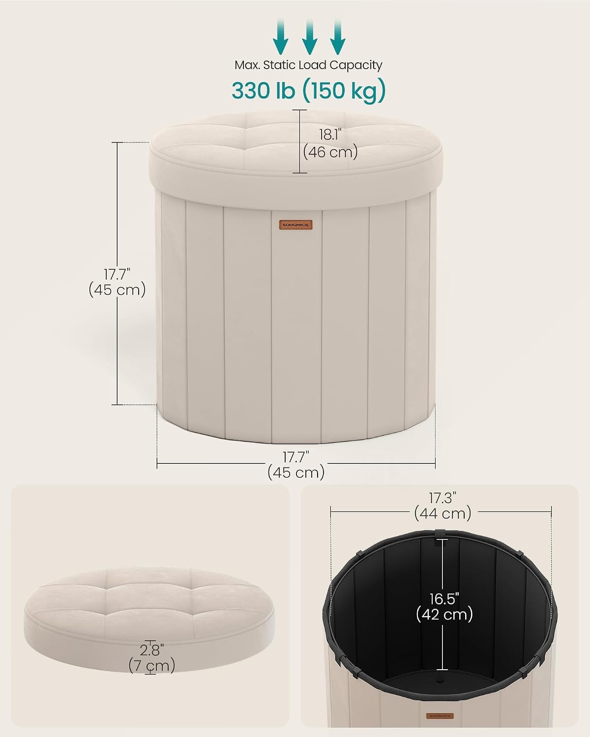 image:imageSONGMICS Storage Ottoman Round PU Vanity Stool 185 x 185 x 177 InchCappuccino White