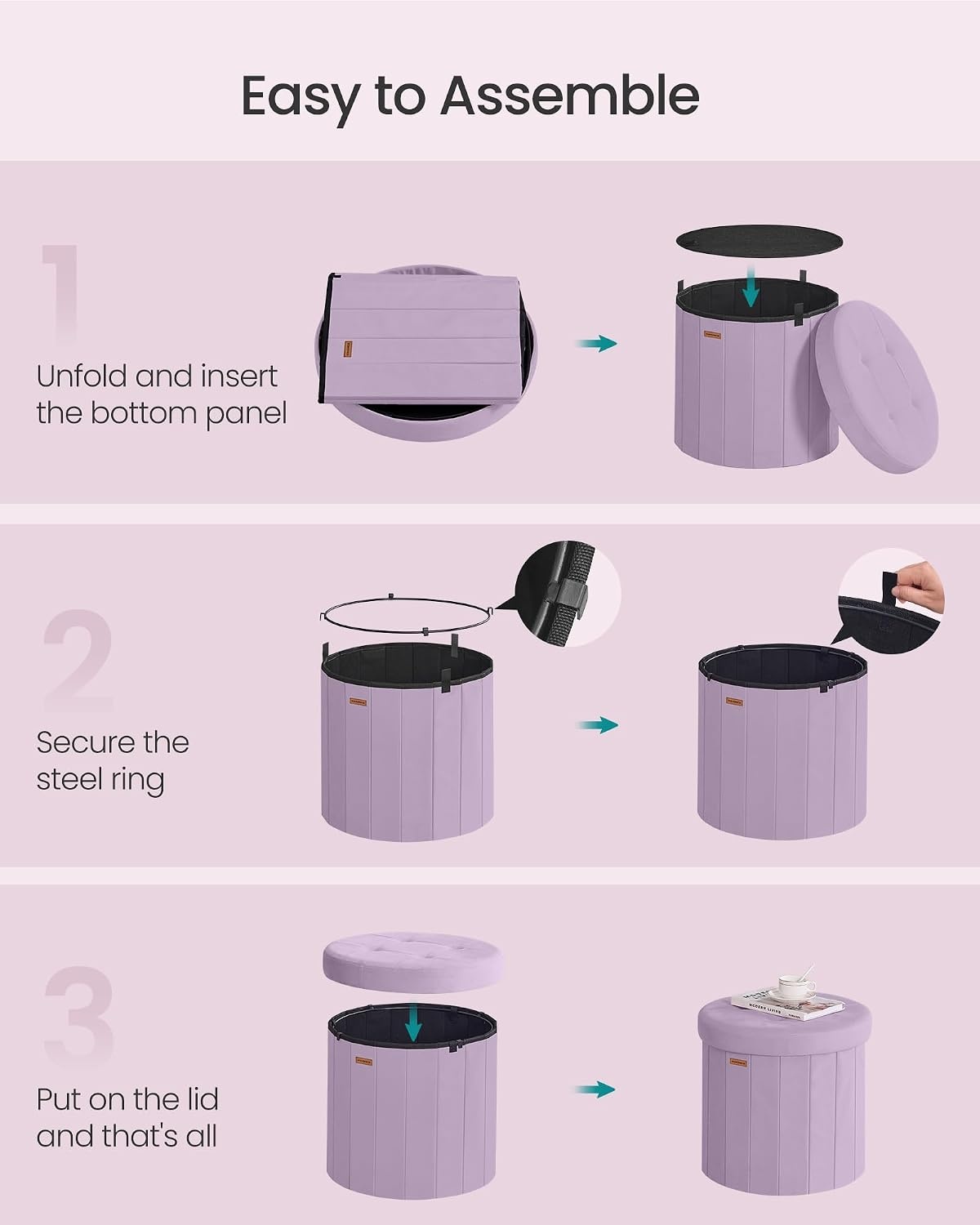 image:imageSONGMICS Storage Ottoman Round PU Vanity Stool 185 x 185 x 177 InchPurple