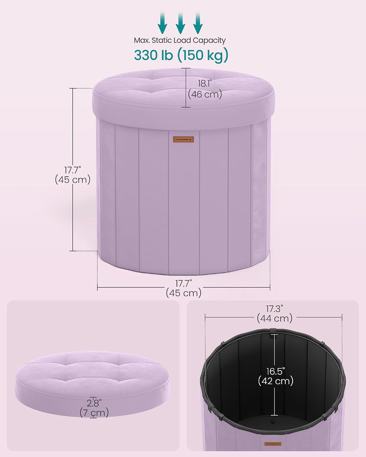 image:imageSONGMICS Storage Ottoman Round PU Vanity Stool 185 x 185 x 177 InchPurple