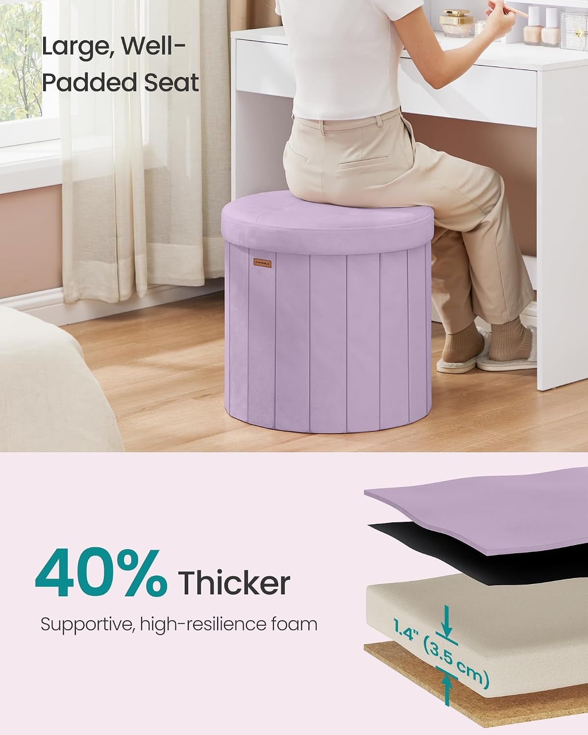 image:imageSONGMICS Storage Ottoman Round PU Vanity Stool 185 x 185 x 177 InchPurple