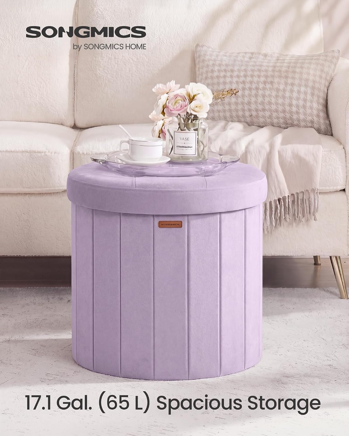 image:imageSONGMICS Storage Ottoman Round PU Vanity Stool 185 x 185 x 177 InchPurple