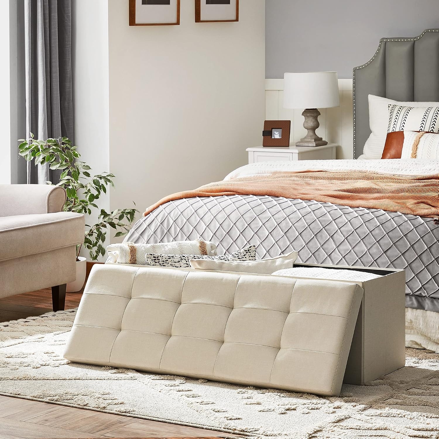 image:imageSONGMICS Tufted Folding Storage Ottoman Bench Set of 2 433 InchesBeige