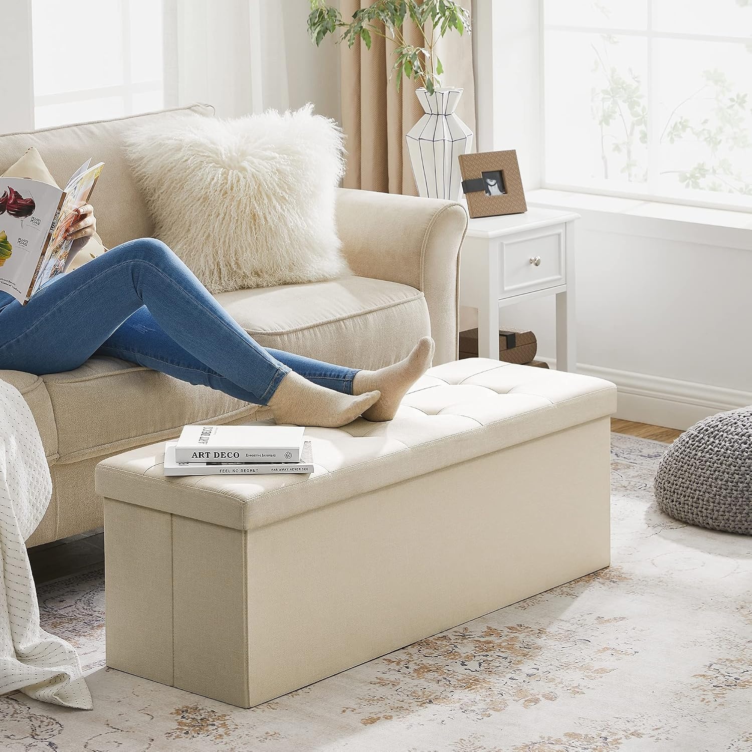 image:imageSONGMICS Tufted Folding Storage Ottoman Bench Set of 2 433 InchesBeige