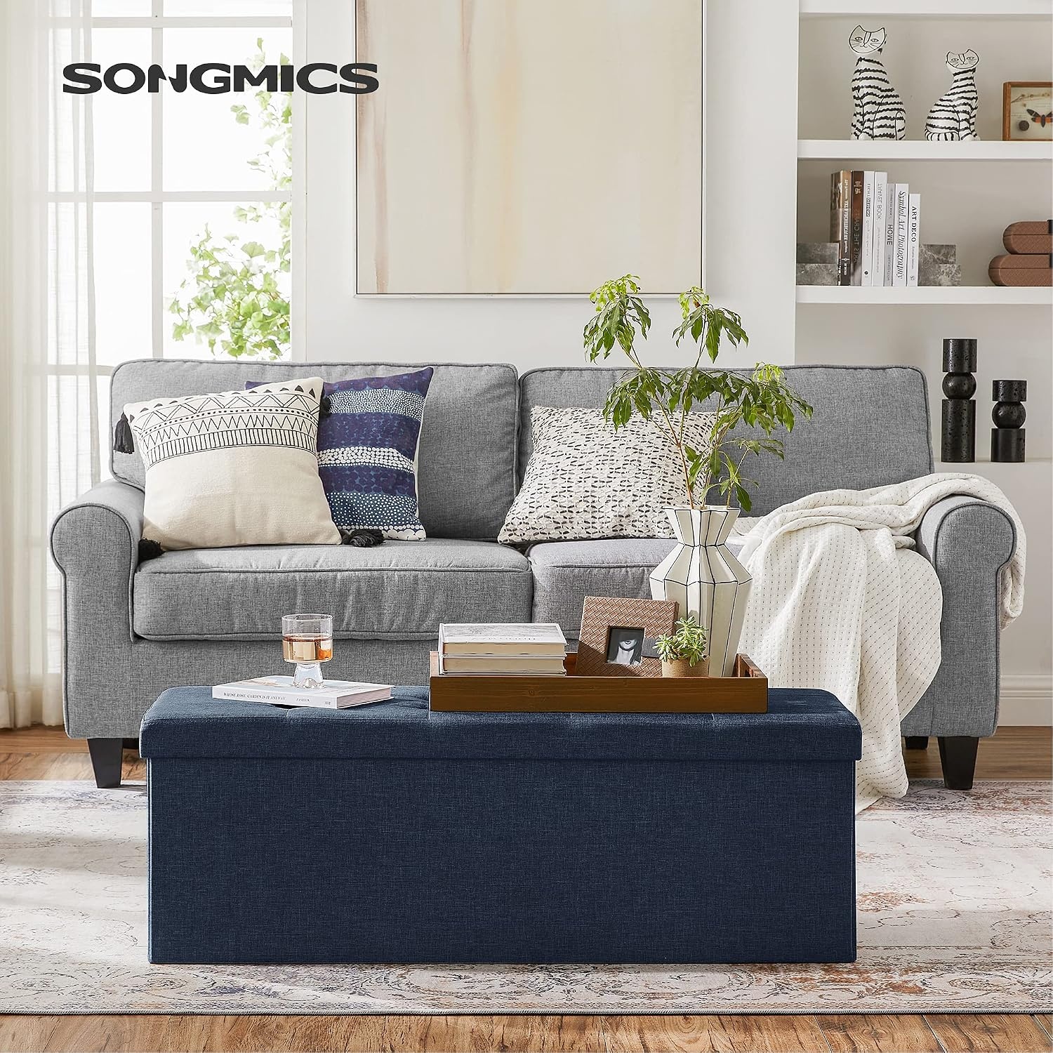 image:imageSONGMICS Tufted Folding Storage Ottoman Bench Set of 2 433 InchesDark Blue