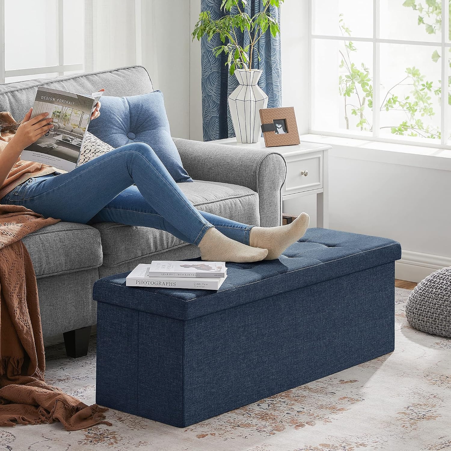 image:imageSONGMICS Tufted Folding Storage Ottoman Bench Set of 2 433 InchesDark Blue