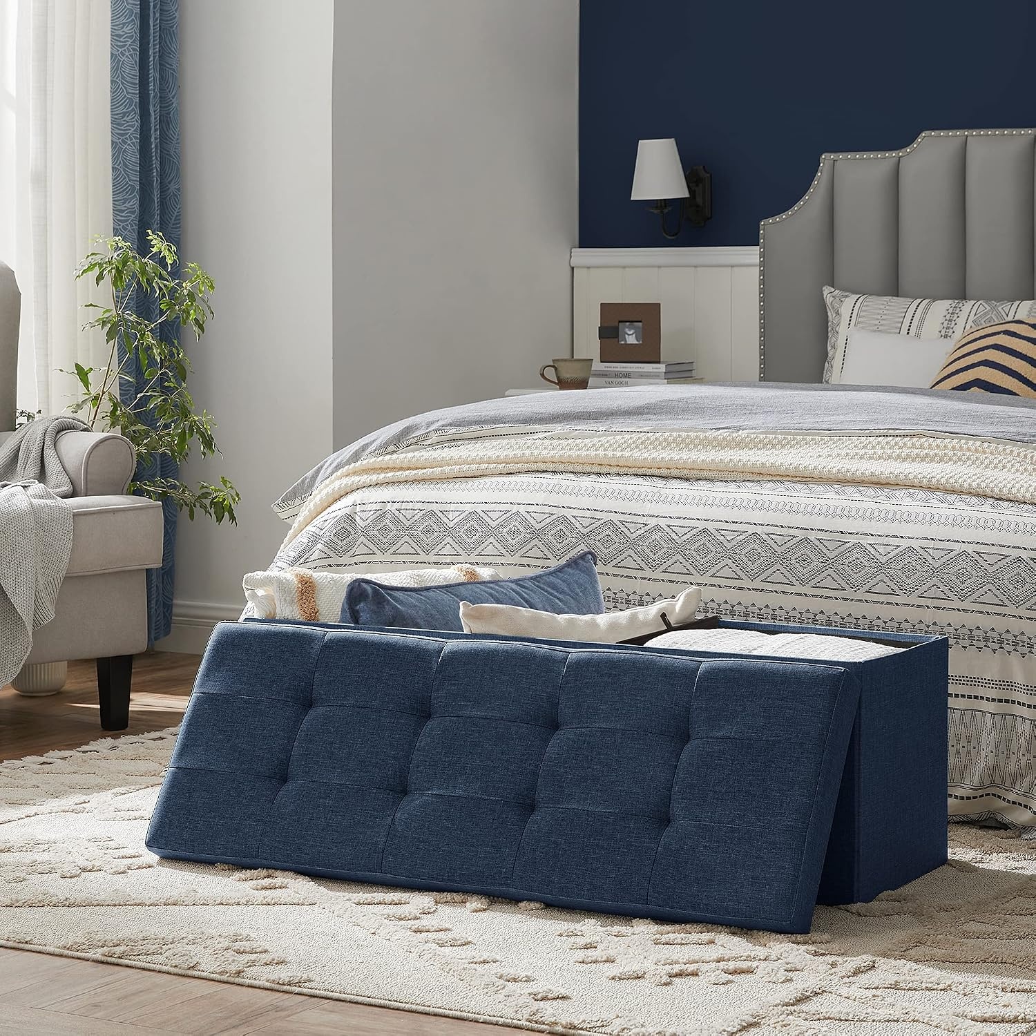image:imageSONGMICS Tufted Folding Storage Ottoman Bench Set of 2 433 InchesDark Blue