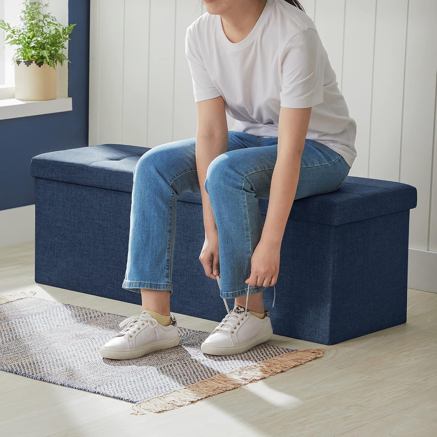 image:imageSONGMICS Tufted Folding Storage Ottoman Bench Set of 2 433 InchesDark Blue