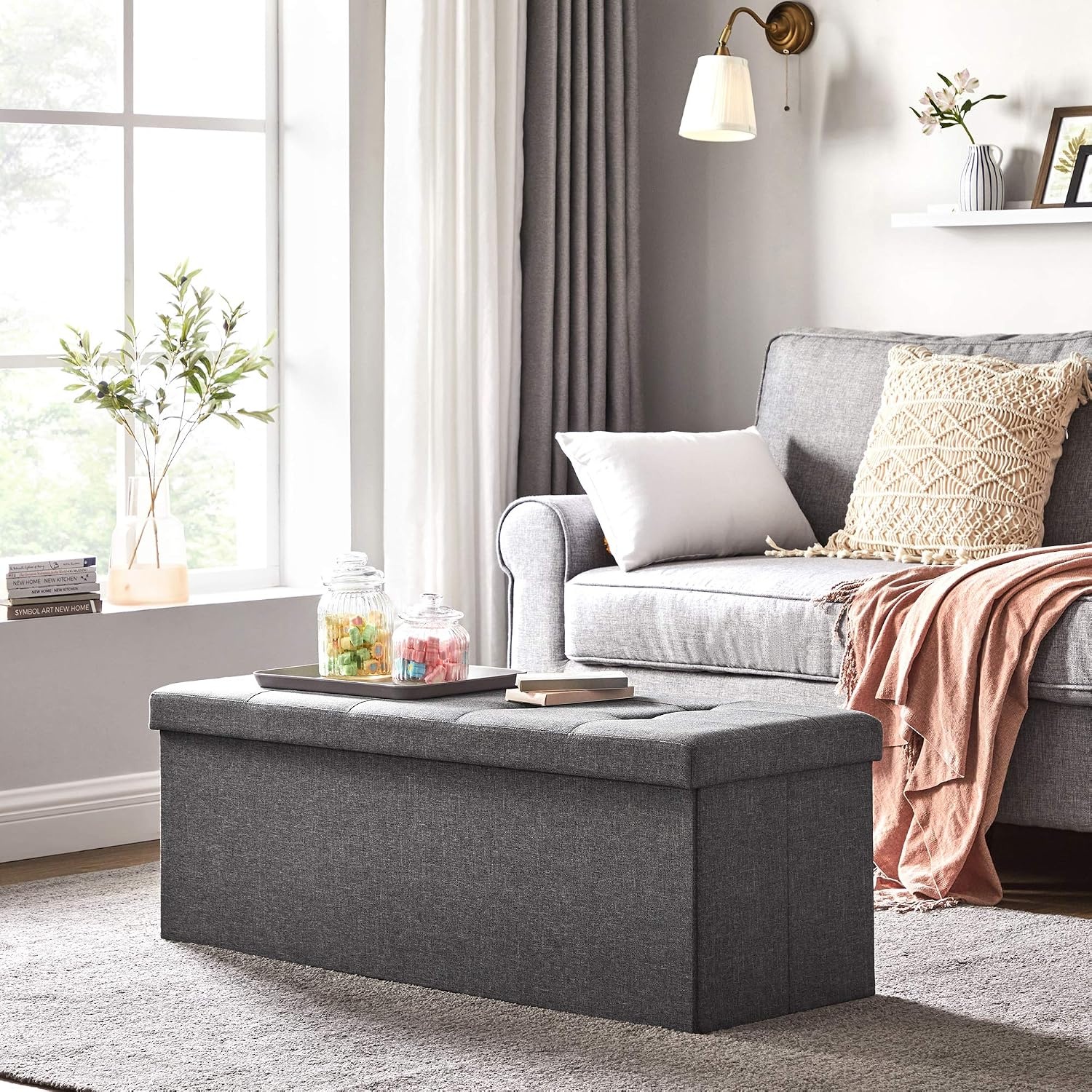 image:imageSONGMICS Tufted Folding Storage Ottoman Bench Set of 2 433 InchesDark Gray